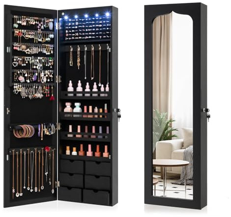 HOMASIS Armoire à bijoux avec éclairage LED, armoire à bijoux avec 6 tiroirs et miroir, armoire à bijoux pour montage mural et porte, verrouillable, 36,5 x 11,5 x 120 cm (noir)