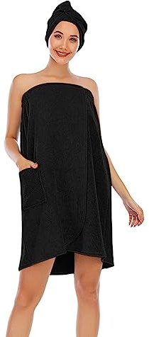 MODSGUE Paréo de sauna pour femme en tissu éponge avec boutons-pression, poche d'été en coton et élastique et fermeture Velcro, Noir , XXL