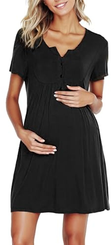 Generico Camicia da Notte Premaman Allattamento Donna Cotone, Vestito Estivo Manica Corta con Bottoni, Abbigliamento per Parto Ospedale e Post Parto, Camicia da Notte Aperta Davanti Grigio