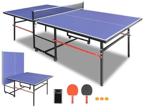 Ping Pong Table Foldable & Portable 6/8/9FT Table Tennis Table Set for Indoor & Outdoor Games with Net & Post, 2 Table Tennis Paddles and 3 Balls (Blue-8FT)