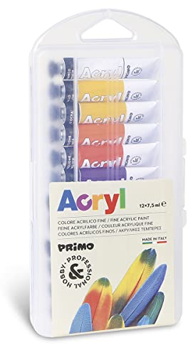 PRIMO Morocolor Acryl, 12 Tubetti da 7,5 ml di Colore Acrilico Fine, Colori assortiti, Effetto Coprente e Luminoso