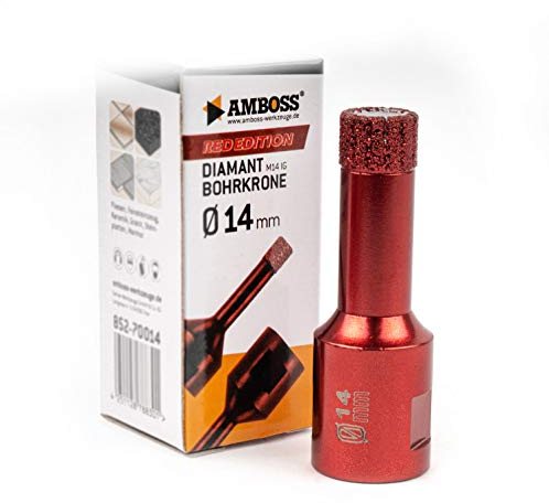Amboss RED Edition M14 - Corona diamantata per smerigliatrice angolare in gres porcellanato, piastrelle dure, granito/corona di perforazione a secco ideale (Ø 14 mm)