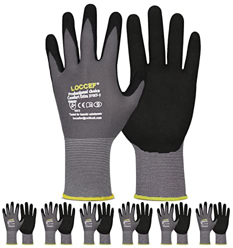 LOCCEF Work Gloves MicroFoam Nitrile Coated-6 Pairs,Seamless Knit Nylon Gloves,Gray Work gloves (9/L, Gary-6 Pairs)