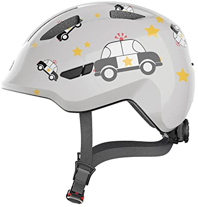 ABUS Kinderhelm Smiley 3.0 - Fahrradhelm mit tiefer Passform, kindergerechten Designs & Platz für einen Zopf - für Mädchen und Jungs - Grau mit Auto-Muster, Größe M