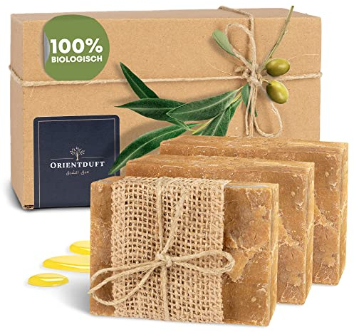 Orientduft® Original Aleppo Seife - 3 Stück | 20% Lorbeeröl mit 80% Bio Olivenöl Seife für Haar & Körper | parfümfreie & plastikfreie Naturseife | Naturkosmetik Haarseife & Körperseife