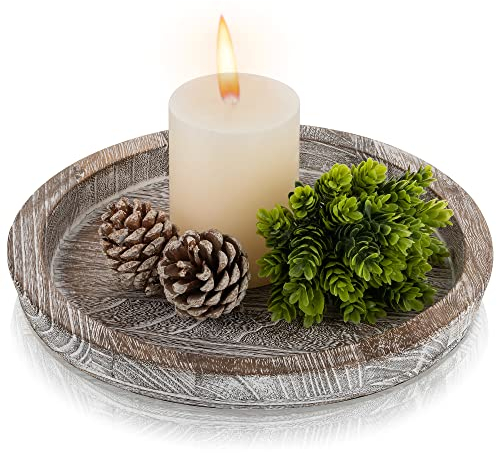 Hanobe Rustic Wooden Serving Tray Round Wood Butler Decorative Tray Whitewash Centerpiece Candle Holder Trays Farmhouse Ottoman Tray for Decor Kitchen Counter Home Decor Accessories for Coffee Table