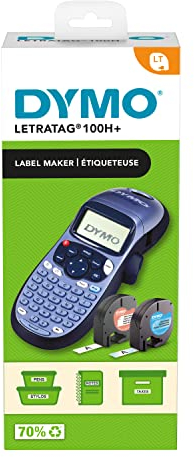 DYMO LetraTag LT-100H+ Beschriftungsgerät Handgerät mit Halterung | Tragbarer Etikettendrucker mit ABC Tastatur | mit Etiketten aus Papier und transparentem Kunststoff | Ideal fürs Büro & zu Hause