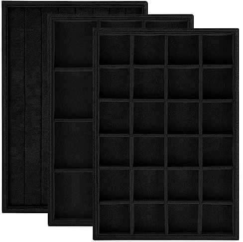 Rocutus Jewelry Trays,3 Pack Stackable Velvet Jewelry Organizer Tray Drawer Jewelry Storage Tray,Divided Ring Organizer Tray for Earrings, Necklaces, Bracelets,13.8x9.5x1.2 (Black)