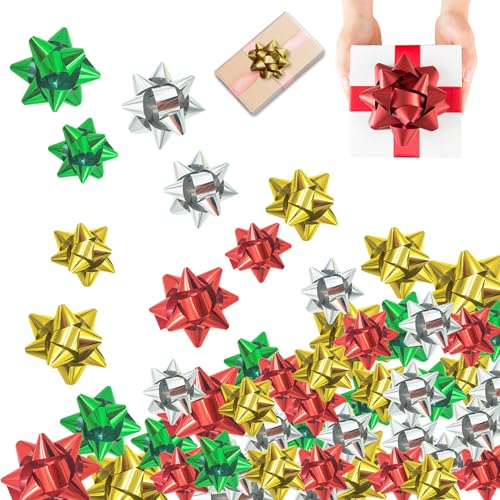 RosyFate Geschenkschleife, 100 Stück Schleife Weihnachten, Geschenkschleifen Selbstklebend, für Weihnachtsdeko, Geschenkverpackungen, Hochzeit (Weihnachten 4 Farben)