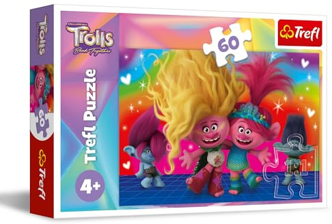 Trefl – Trolls Band Together, Trolles amicaux – Puzzle 60 Pièces – Puzzle Colorés avec des Personnages de Bande Dessinée, Divertissement créatif, Loisir pour Les Enfants à partir de 4 Ans