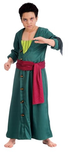 Chaks - Costume da Zoro per ragazzi, outfit ufficiale One Piece, set anime 2 pezzi con mantello e cintura per cosplay e carnevale