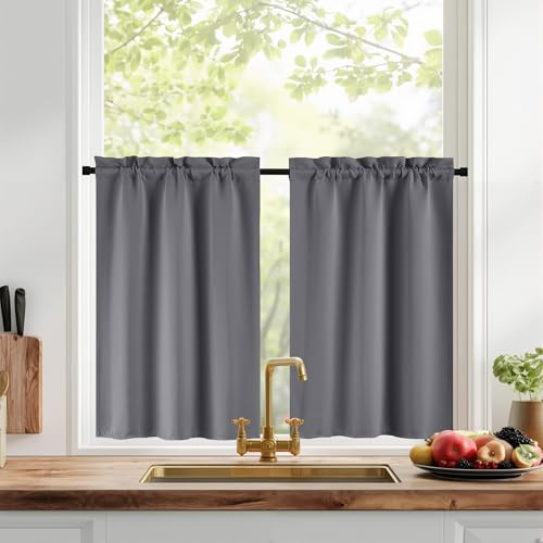 PONY DANCE Rideau Cuisine 60x90 cm - Rideau Court Occultant Brise-Bise Décoration de Petite Fenêtre, Draperies Intérieurs pour Placard/Porte/Cuisine, Passe Tringle, Gris, 2 Pièces