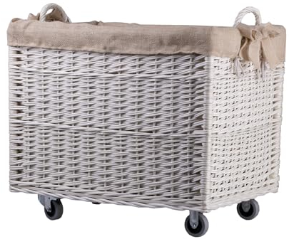 e-wicker24 - Contenitore portabiancheria rettangolare, cesto in vimini con ruote e fodera in tessuto, contenitore di vimini, cestino, scatola, colore: bianco, iuta