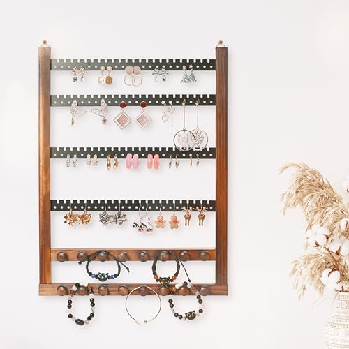humberboat Solid Wood Earring Hanging Jewelry Organizer Wall Mounted Earring Organizer and Necklace Holder- Earring Display for studs, dangling, Necklace, Bracelet, and Rings-Brown
