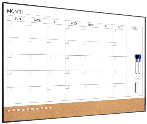 ARCOBIS Calendario de borrado en seco con tablero de corcho para pared, calendario magnético de 36 x 24 pulgadas, pizarra blanca con marco negro, pizarra combinada mensual para escuela, hogar, oficina