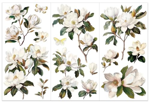 OLYCRAFT 3 pz/Set Trasferibili Magnolia Bianchi 15x30cm Bianca Strofinare Sui Trasferimenti per Artigianato e Mobili Decorazione Floreale Adesivi per Trasferimento Floreali Vintage Decorazioni
