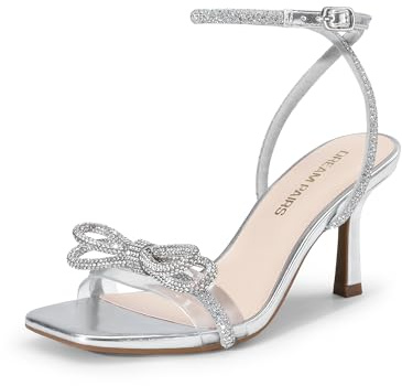 DREAM PAIRS Women's Double Bowknots Heels Open Square Toe Ankle Strap Crystal Rhinestone Dress Sandals for Party Wedding,Size 8.5,Silver-Pu,DWUMHS2530