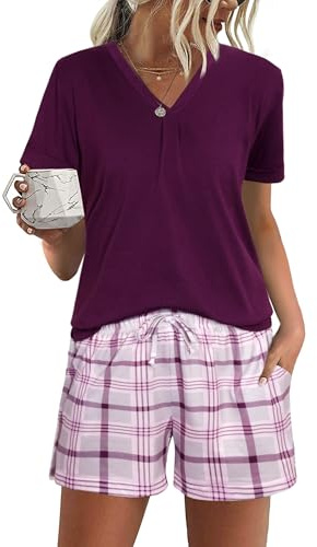 Jezonga Pijama Mujer Corto Algodón Conjunto de Verano Ropa de Dormir de Manga Corta Loungewear Sleepwear de Dos Piezas con Cuello en V Púrpura L