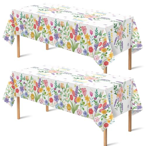 Spring Party Decorations - Spring Decorations for Home - 2 Pack Disposable Plastic Tablecloth | Floral Tablecloth for Mothers Day Wildflower Butterfly Birthday Garden Party Decorations