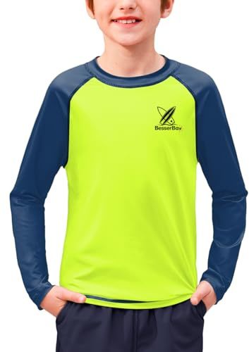 BesserBay Kid Long Sleeve Rash Guard UV Protection Quick Dry Shirt Swimming Top Fluorescent Yellow Navy 11-12 Years
