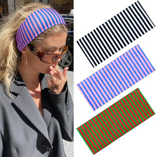 Tumurup Stirnband Damen Breite Sport Haarband – 3-Pack Atmungsaktive Anti-Rutsch Hair Bands, Elastisch Haarbänder mit Streifen Design für Fitness, Yoga & Alltag, Fashion Accessoires