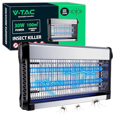 V-TAC Zanzariera Elettrica 30W con Area di Azione 100 m² - Design Sottile - Zanzariera con Luce Blu UV per Uso Interno ed Esterno - Trappola Elettrica contro Zanzare e Insetti - Potenza 30W