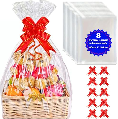 MAARA Extra Large Cellophane Wrap Bags For Hampers, Pack Of 8 (80CMX110CM) Hamper Basket Clear Plastic Gift Bags For Present Packaging, Hamper Wrapping Cellophane With 10 Pull Bows