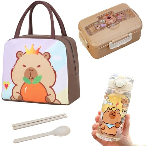 Capybara Bolsa de almuerzo con fiambrera para niños 900 ml y pajita, fiambrera reutilizable, para la escuela o el jardín de infantes, sin BPA