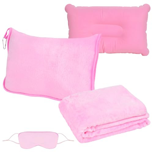 WEFHEF Juego de Mantas de Viaje, Incluye Manta de Viajes para Avión 2 en 1 de 152 x 127 cm, Almohada Inflable y Antifaz, Manta de Franela Suave,Cálida y Portátil, para Viaje de Avión y Coche (Rosa)