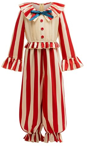 LumiJour Déguisement Clown Enfant Unisexe Combinaison à Rayures Manches Évasées Costume Arlequin Halloween Fête Déguisée Rouge 7-8 ans