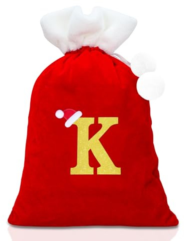 Alederways Christmas Sack Santa Bags, Red Monogram Knitted Storage Personalized Embroidered Stocking Bag for Xmas Gift Present Party Decorations 55x37cm (K, Sack)