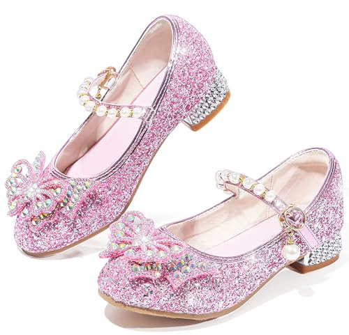VTASQ Chaussure Princesse Fille Talon avec Paillettes Chaussures Reine Chaussures de Danse Enfant Déguisement Cosplay Chaussure Mariage Noël Anniversaire Cérémonie Fête Rose EU31
