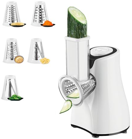 Allesschneider, elektrischer Allesschneider, einstellbare Geschwindigkeit, 5 austauschbare Klingen, Schneide zum Schneiden, Reiben und Zerkleinern, rutschfeste Füße und Tasten, abnehmbar (weiß)