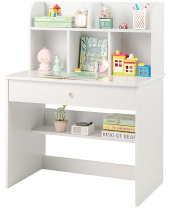 GYMAX Wooden Kids Desk, Children Study Table with Storage Shelf, Drawer and Hutch, Student Writing Desk for Reading, Studying, Drawing (White)
