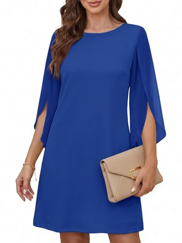 Cicy Bell Abito da Donna con Scollo Rotondo, Elegante, a Maniche a 3/4, in Tinta Unita, per Il Tempo Libero, al Ginocchio, Blu, XL