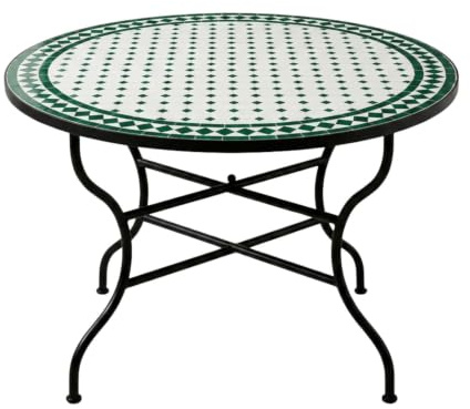 Marrakech - Mesa de mosaico marroquí (cerámica, 120 cm), color blanco y verde