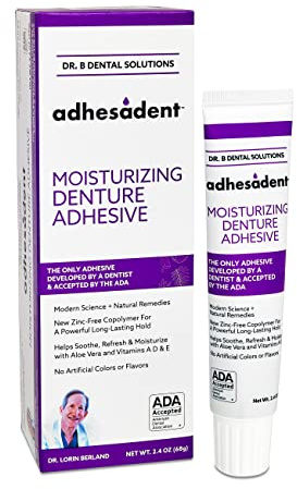 Dr. B Dental Solutions Adhesadent Moisturizing Denture Adhesive - Secure Denture Glue with Strong Grip & Natural Taste - Zinc-Free Dental Adhesive for Dentures, Overdentures - 2.4 oz