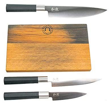 Kai Wasabi Black ultrascharfes Kochmesser-Set | Kochmesser 20 cm | Officemesser 10 cm | Allzweckmesser 15 cm | + massives Schneidebrett aus Fassholz | VK: 159,- €