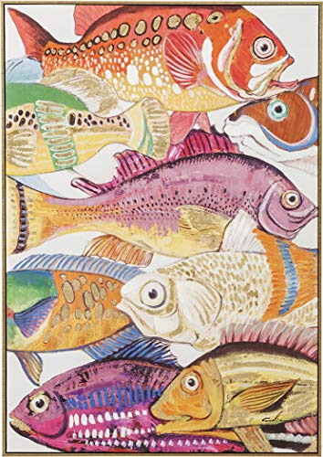 Kare Design Bild Touched Fish Meeting One Bunt, Leinwandbild, Wanddekoration, Baumwollleinwand, Massivholz Rahmen, handgemalte Details, Wohnzimmer, Schlafzimmer, Flur, 100x75x3,5cm