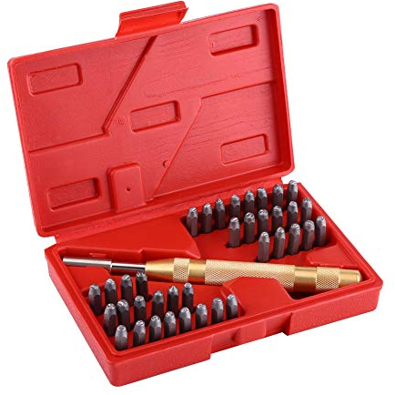 Schlagbuchstaben, Set mit 38 Stanzern für Zahlen und Buchstaben, mit Stanzwerkzeug, mit Stanzen, automatisch, 8 mm, zum Markieren auf Metall, Holz, Leder etc