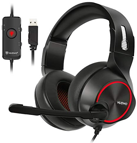 NUBWO N11U USB Gaming Headset with 7.1 Surround Sound Stereo, USB Headphones with Noise Canceling Mic & RGB Light, Compatible with PC, PS4 Console, Laptop - RED