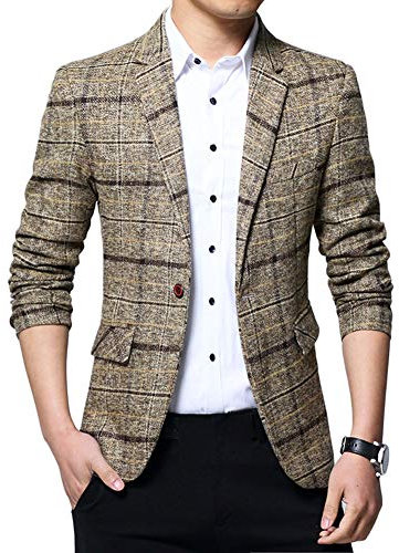 YOUCAI Vardaglig kavaj för män, tweed, rutig kostym, jacka, rutiga kostymer, smal passform, kavaj, en knapp, passar affärskostym, jackor, Khaki, 3XL