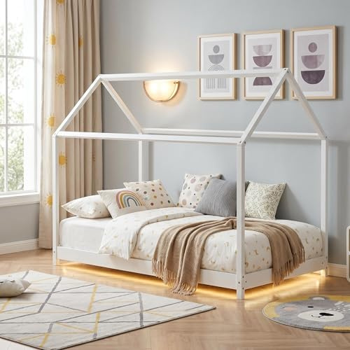 Panana Wooden Kids House Bed Frame, Solid Pine Wood Treehouse Style Childrens Floor Bed Frame for Toddlers and Children (White)