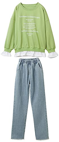 amropi 2 PCS Set Completo Ragazze Tuta a Righe Felpa Top + Denim Pantalonio Verde Blu,11-12 Anni