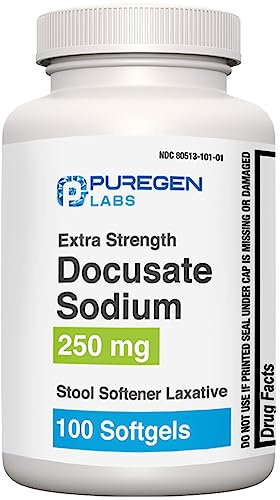 Puregen Labs Docusate Sodium 250mg Stool Softener Laxative | 100 softgels | Gentle Constipation Relief | Extra Strength | Stimulant Free
