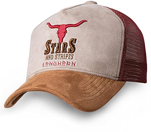 STARS & STRIPES Trucker Cap Longhorn – 3-farbige Western-Cap mit 3D-Bestickung & Wildlederoptik