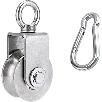 ZEONHEI 1 Stück 68mm U-Typ Umlenkrollen mit 2 Kugellager, 500kg Tragkraft 304 Edelstahl Flaschenzug mit 1 Schnapphaken, Fitness Flaschenzug Seilrolle für 22mm Seile Stahlseil, Silber