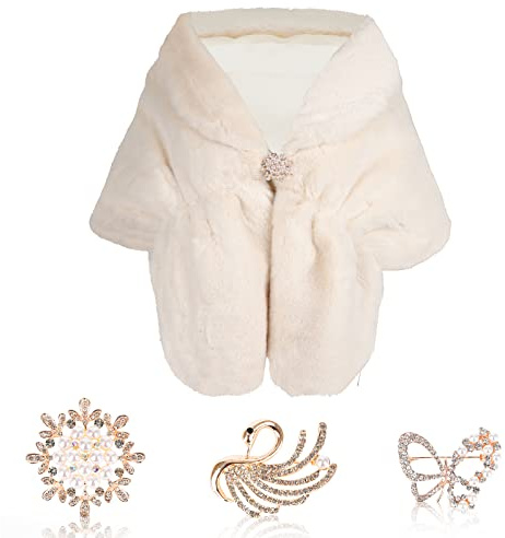 Women's Faux Fur Wrap Shawl Stole with 3 Faux Pearl Rhinestone Brooches,Bridal Long Shrug Cape Collar,Fur Warm Scarf Wrap,Ladies Fur Shawl for Wedding Party Dress Winter