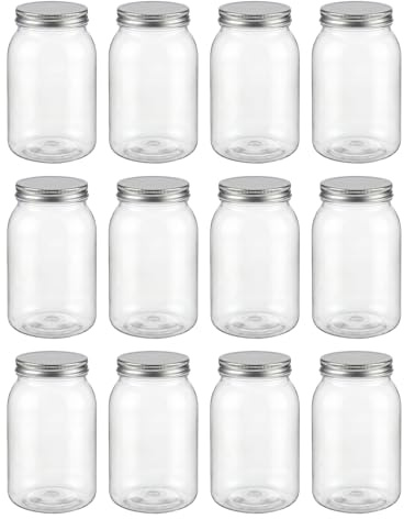 novelinks 32 oz Mason Jars with Plastic Lids, 12 Pack Large Plastic Salad Jars with Lids 32oz, Reusable Spice Containers & Kitchen Jars for Pantry Organization (12 Pack,Silver)