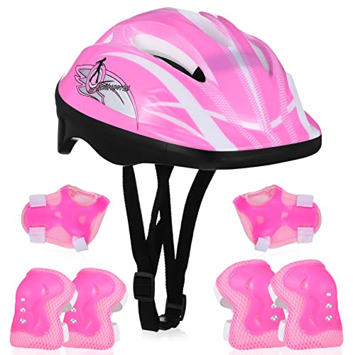 CLISPEED Kids Helmet And Pads Set 7PCS Kids Bike Helmet Adjustable Knee And Elbow Pads For Ages 8-12 Toddler Girls For Scooter Cycling Roller Skating